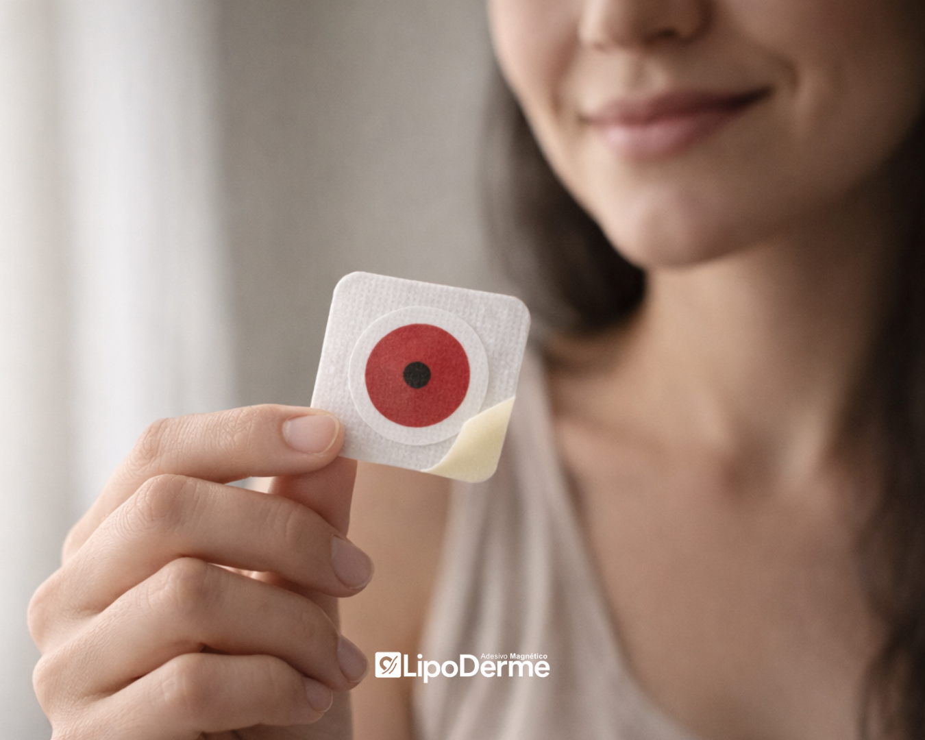 Mulher segurando adesivo LipoDerme